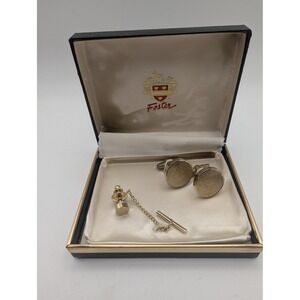 Vintage Foster Gold Tone Round Cufflinks &Tie Tack Set Men Formal Dress w/Box